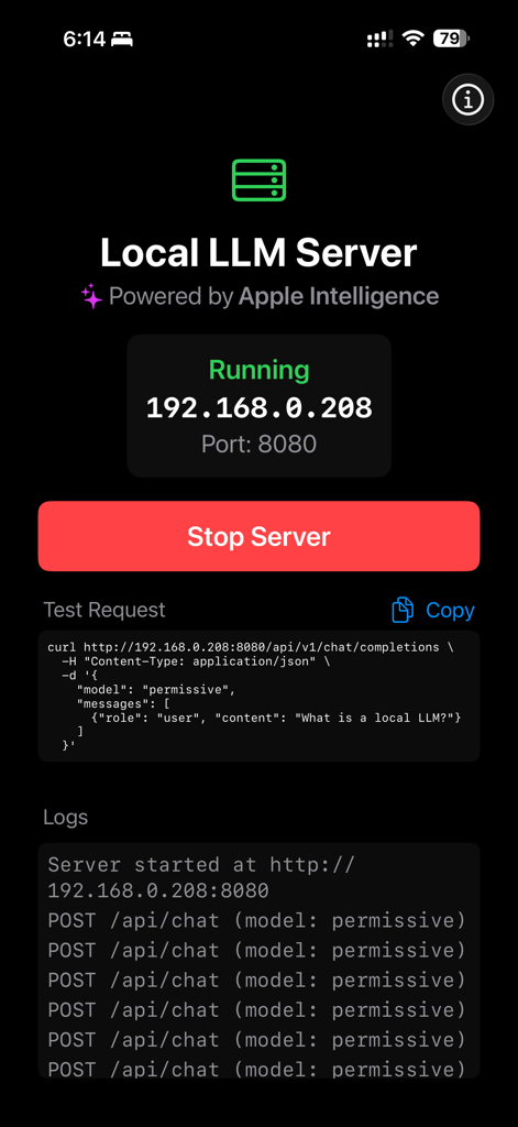 Panel de la aplicación Local LLM Server mostrando un estado de servidor activo con dirección IP y registros en vivo