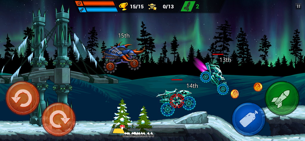 Mad Truck Challenge - Racing - Gameplay de Mad Truck Challenge mostrando caminhões monstro correndo por uma colina nevada em uma paisagem de inverno