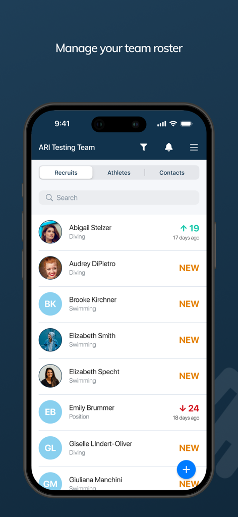 ARI Athletics app interface for managing a sports team roster and recruits list