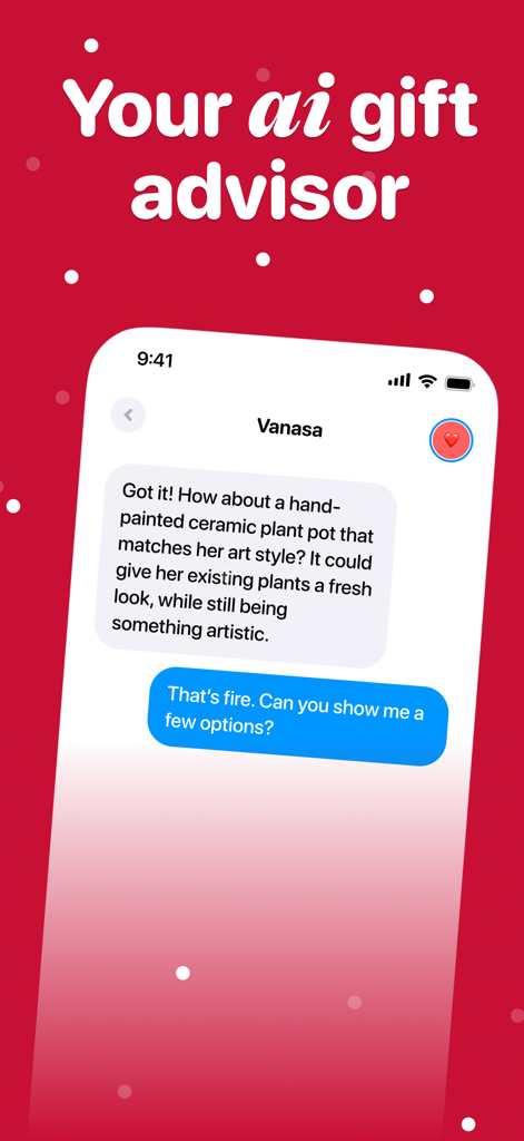 Giftible: Smart AI Gift Finder - Giftible app chat interface showing an AI gift advisor suggesting a personalized gift idea to a user
