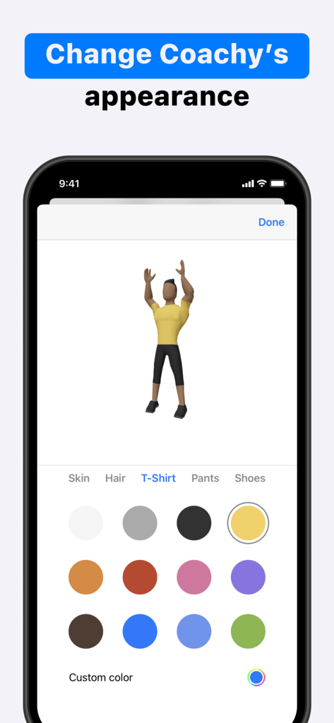Calisthenics Coachy - Interface pour personnaliser l'apparence de l'avatar du coach de fitness 3D, y compris les vêtements et les couleurs de peau.