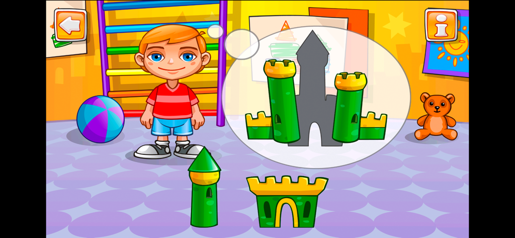 Educational castle building puzzle game for toddlers featuring character Jack in a colorful playroom.