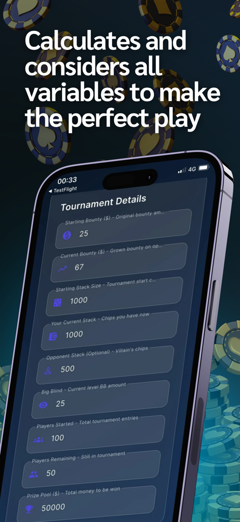 Capture d'écran iPhone montrant les détails du tournoi et les variables dans l'application Calculatrice de Poker pour Bounty.