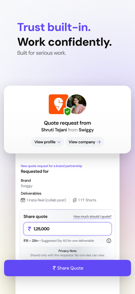 HashFame - Screenshot of the HashFame app showing a quote request for a brand partnership with Swiggy including deliverables and pricing field