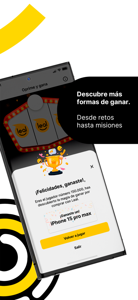 Mobile app screen showing a gamified reward system with a prize notification for an iPhone 15 Pro Max