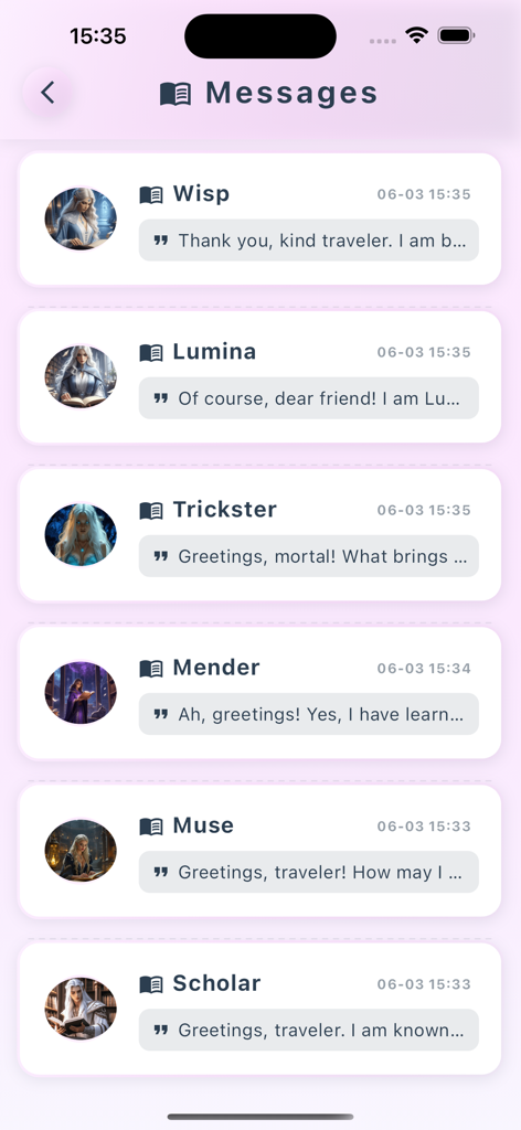 Wizzy - Talk & Explore - Wizzy-App-Oberfläche, die eine Liste von Fantasy-KI-Charakteren für interaktives Rollenspiel anzeigt.