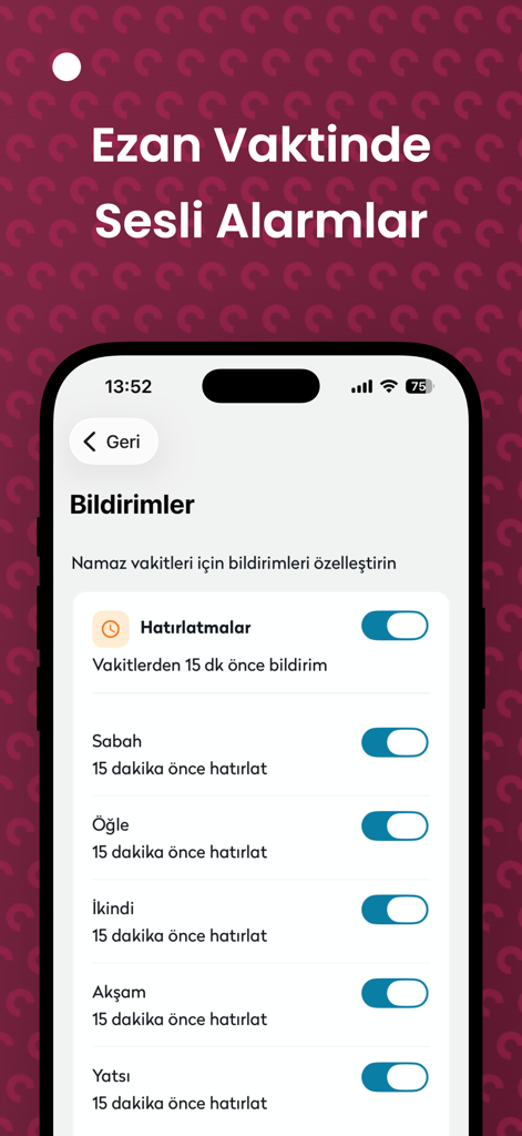 Bildschirm für Benachrichtigungseinstellungen für Gebetszeiten und Adhan-Alarme in türkischer Sprache