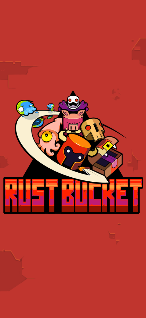 Rust Bucket - Tela de título do jogo Rust Bucket com monstros pixel art e o personagem principal em um capacete laranja contra um fundo vermelho