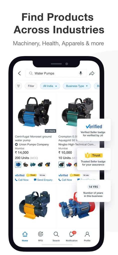 JdMart - B2B Marketplace - JdMart B2B marketplace app showing industrial product search results and verified seller badges.