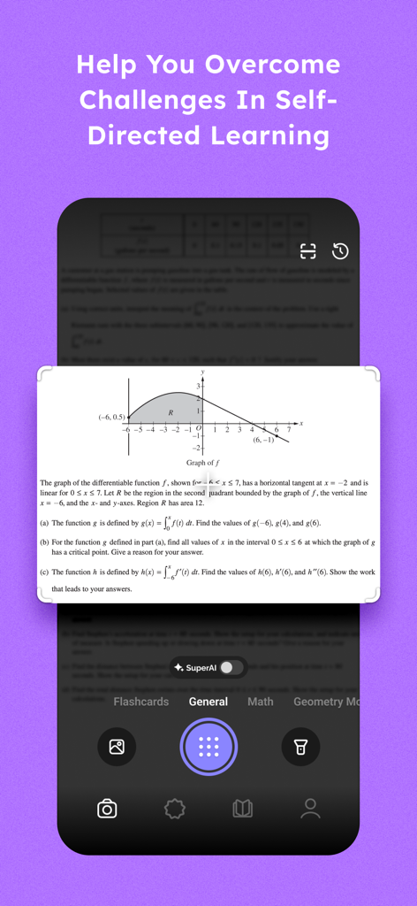Interfaz de la aplicación Answer.AI escaneando un problema de cálculo con un gráfico para proporcionar una solución paso a paso