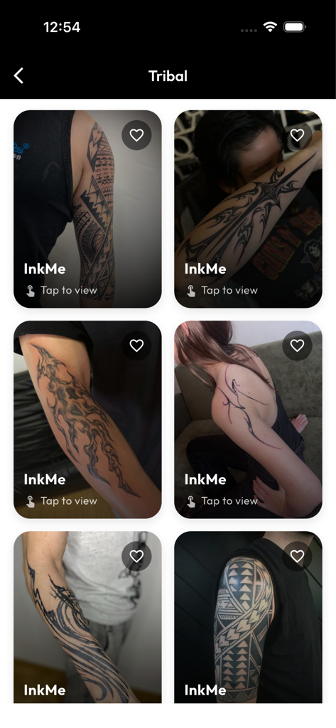 InkHunter Pro - A gallery of tribal tattoo designs shown on various body parts within the InkHunter Pro app