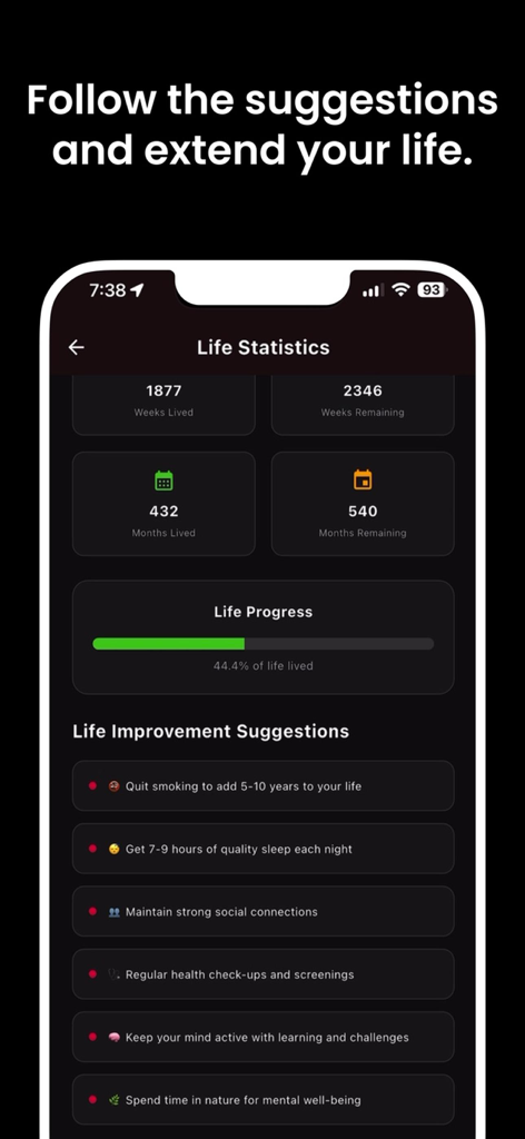 Death Counter app screen displaying life statistics progress bar and health improvement suggestions