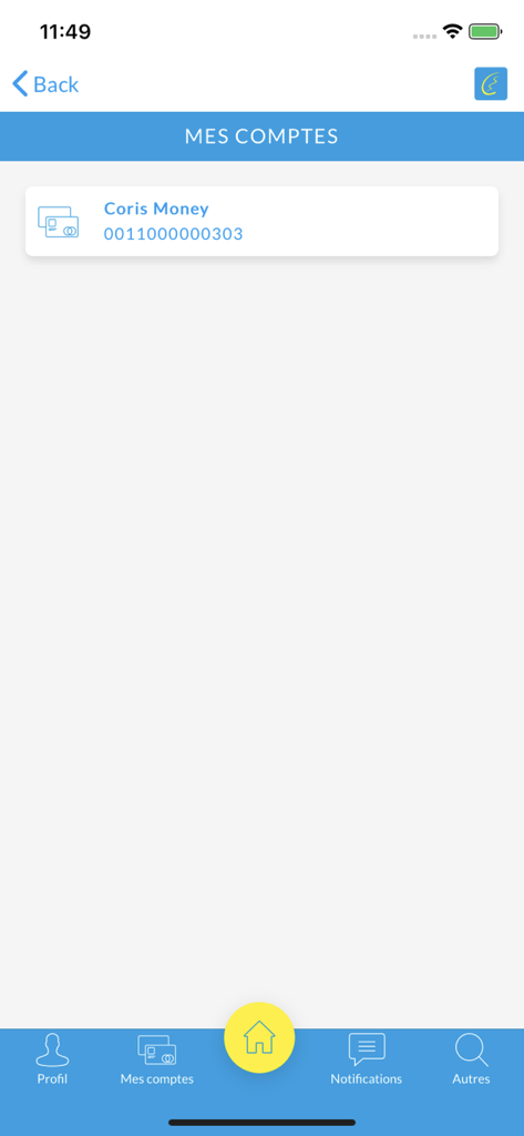 Coris Money V2 - Coris Money V2モバイルアプリケーションの「マイアカウント」画面のスクリーンショット。リンクされたアカウントが表示されています。