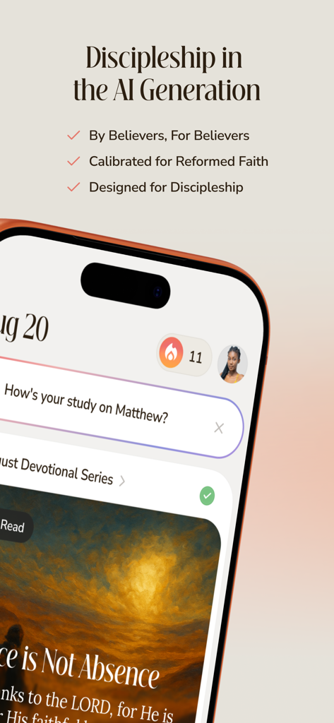 Aura app interface showing discipleship in the AI generation with a daily bible study streak