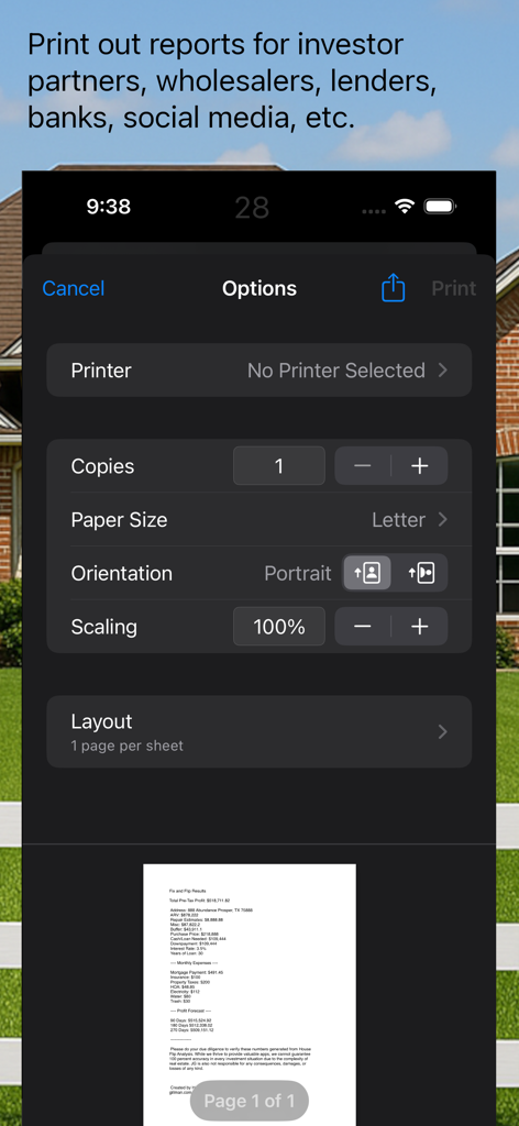 House Flip Analysis - The House Flip Analysis app showing the iOS print options screen for a real estate investment report