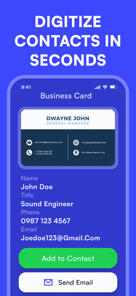 Mobile app interface demonstrating a business card scan being converted into a digital contact with options to save or email