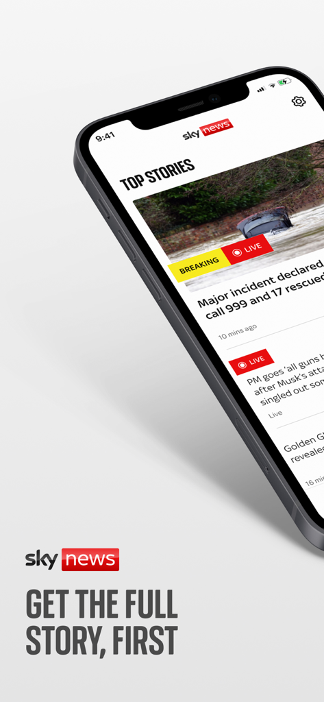 Smartphone displaying the Sky News app top stories feed with breaking news labels