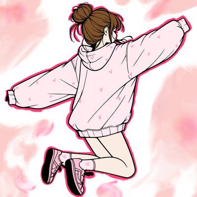realistic girl jumping with a bun and oversized sweatshirt