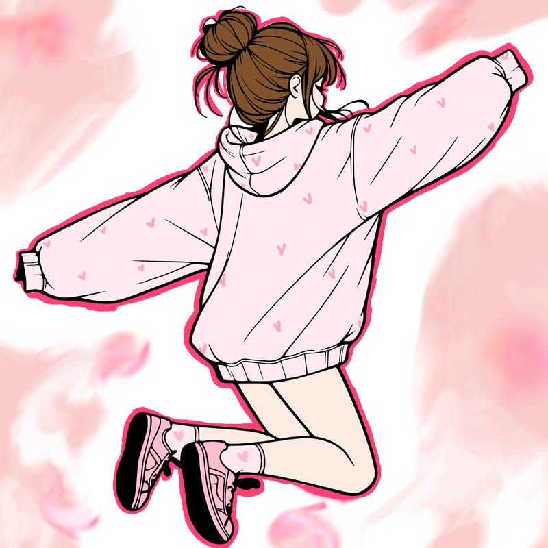 realistic girl jumping with a bun and oversized sweatshirt