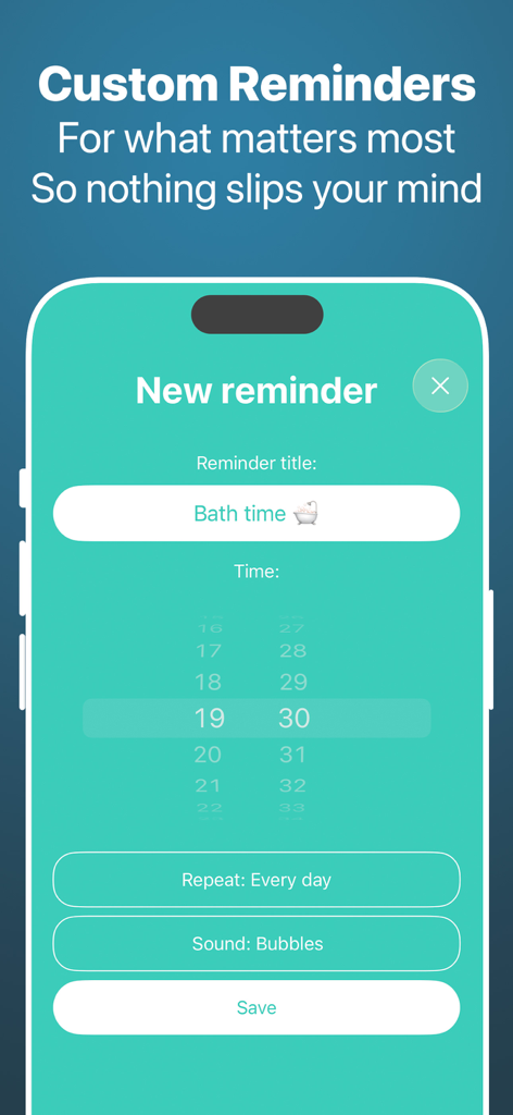 Custom reminders interface in the Grow app showing a daily bath time schedule