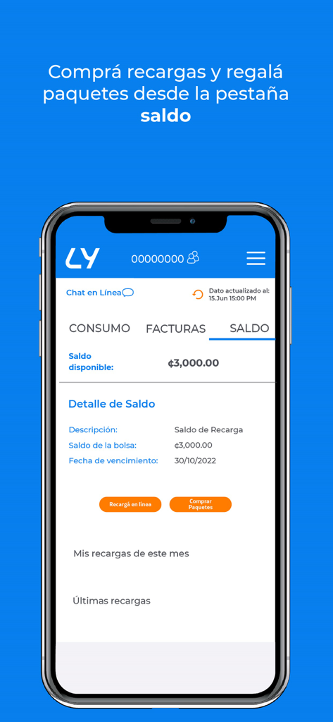 Mi Liberty - Screenshot of the Mi Liberty app showing available balance and options for online recharges