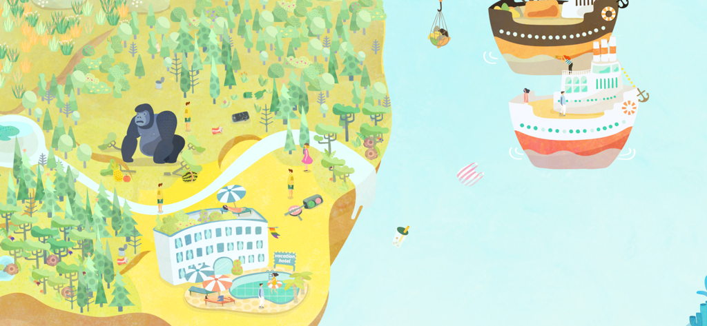 DESERTOPIA - Storybook style game scene of an island with a gorilla and cruise ships in Desertopia