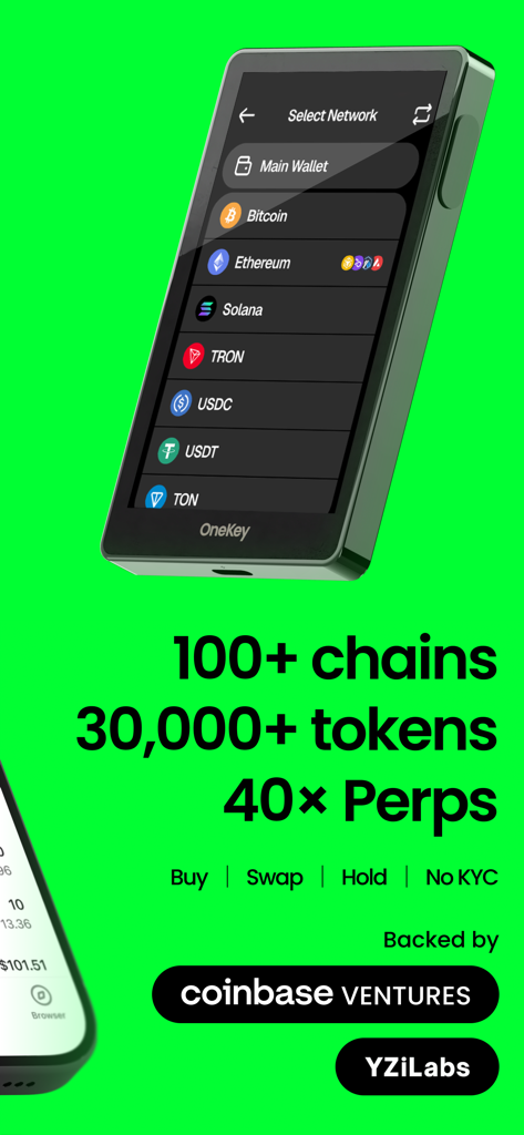 OneKey:Crypto & Bitcoin Wallet - OneKey hardware wallet displaying a list of supported blockchain networks like Bitcoin and Ethereum on a bright green background