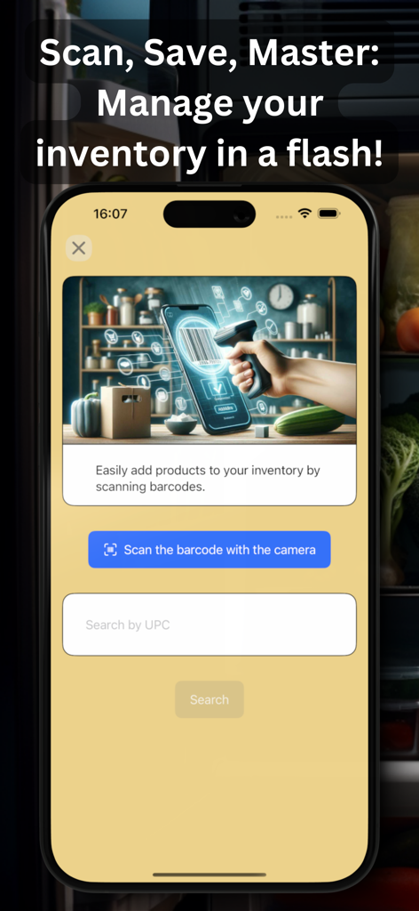A mobile screen showing the barcode scanner feature to manage kitchen inventory and add products by scanning UPC codes.