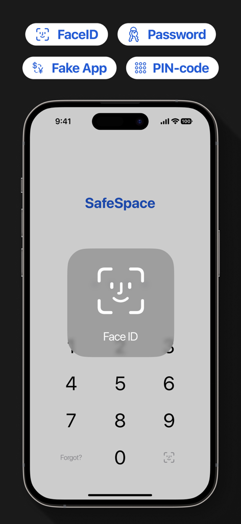 Converter: Hidden Photo Vault - iPhone screen showing Face ID unlock and PIN code entry options for a hidden photo vault app