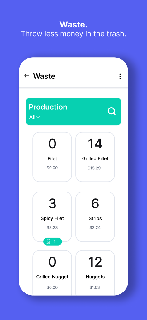 A dashboard in the VSBL app showing food waste logs with item counts and costs for a restaurant.