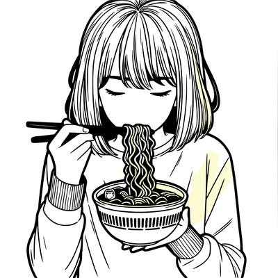 a girl realistic eating ramen noodles