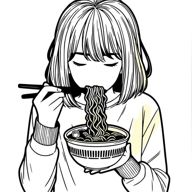 a girl realistic eating ramen noodles