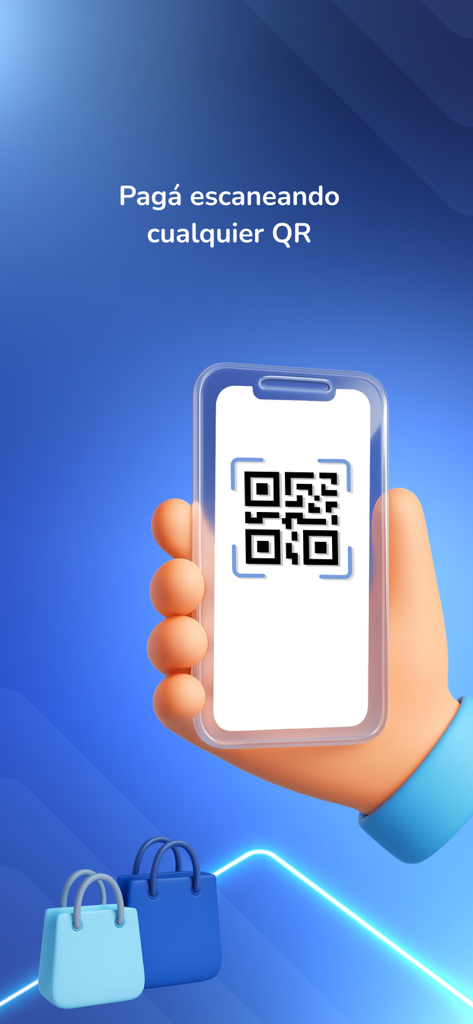 Carrefour Banco - Eine Hand, die ein Smartphone mit einem QR-Code für mobile Zahlungen hält, mit Einkaufstaschen im Hintergrund
