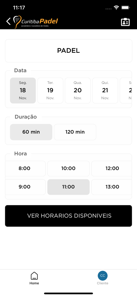 Curitiba Padel - Interface do aplicativo móvel para reserva de quadras de padel com seleção de data e hora.