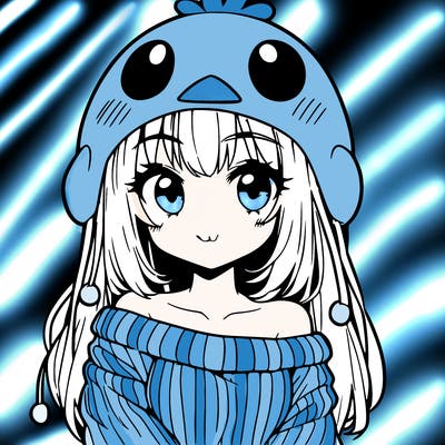 anime girl with chick shaped hat with sweater with bare shoulders with bangs covering them one eye with low tail