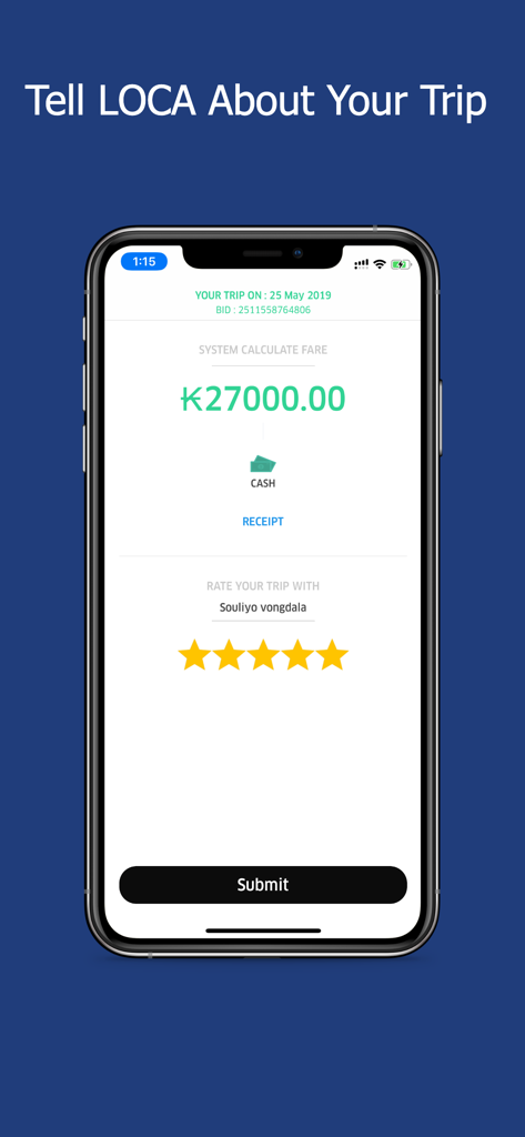 Loca Driver app interface showing trip fare summary and passenger rating screen