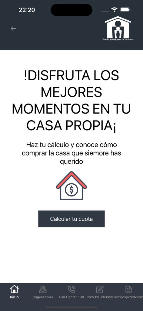 Startbildschirm der FSV-App mit einem Hypothekenzahlungsrechner für salvadorianische Sozialwohnungsdarlehen