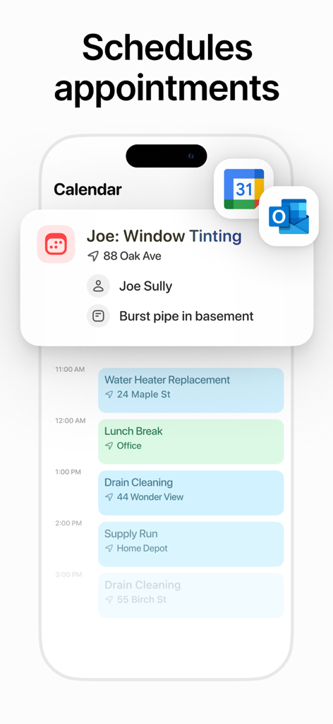 Smartphone screen showing Beside AI Receptionist scheduling business appointments and syncing with calendar apps.