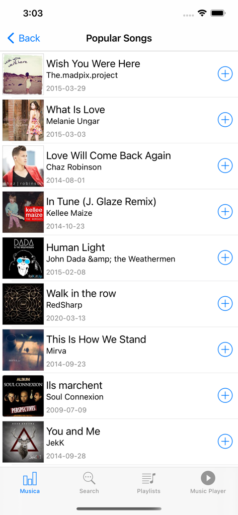 Pure Tube Unlimited Music Play - Uma lista de músicas populares na interface do aplicativo Pure Tube mostrando títulos de faixas e nomes de artistas