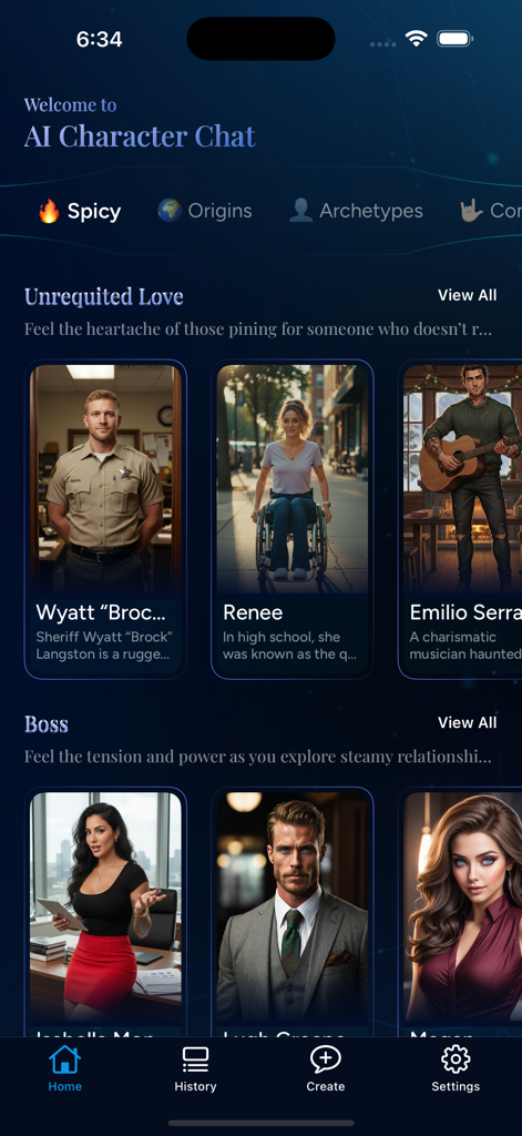 Hi - Ai Character Chat App - Écran d'accueil de l'application Hi AI Character Chat montrant diverses catégories et profils de personnalités IA à discuter.