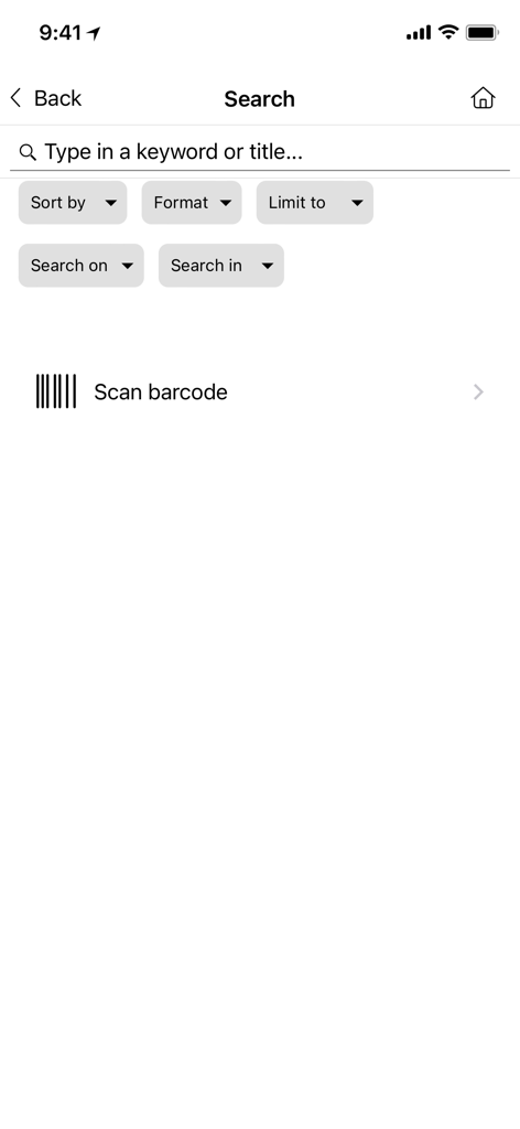 Your Library App - Your Library App search screen with filters and scan barcode option