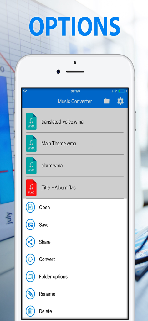 Menu opzioni dell'app Music Converter che mostra le funzionalità di gestione e conversione dei file audio