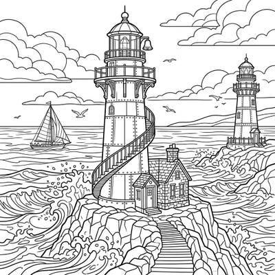 Discover the enduring strength and beauty of historic Cast Iron Lighthouses in this captivating coloring page. Perfect for anyone who loves maritime scenes, intricate architecture, and the power of the ocean.