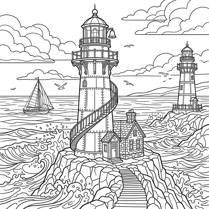 Discover the enduring strength and beauty of historic Cast Iron Lighthouses in this captivating coloring page. Perfect for anyone who loves maritime scenes, intricate architecture, and the power of the ocean.