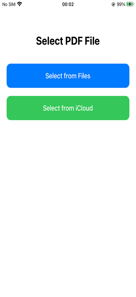 pdf2md - Selection screen for PDF files from local storage or iCloud