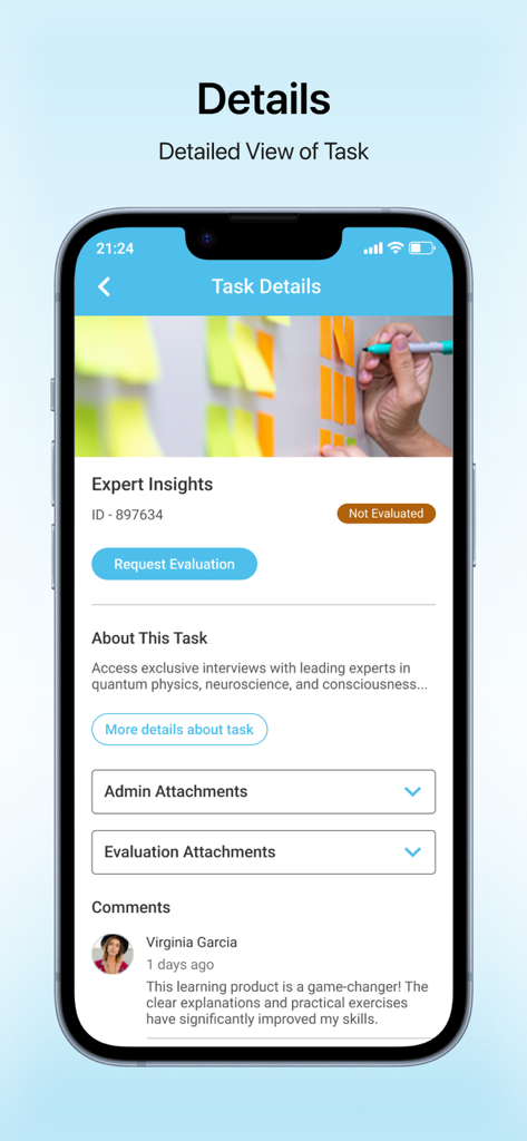 Screenshot der Cornerstone Saba Mobile App, der eine Detailansicht einer Lernaufgabe mit Bewertungsstatus und Benutzerkommentaren zeigt