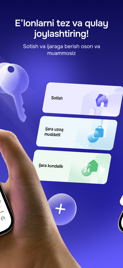 Urbo - Uy sotib olish va ijara - A screenshot of the Urbo app showing menu options to post real estate listings for sale long term rent or daily rent