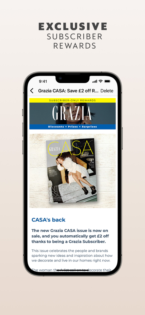 Grazia: Fashion, Beauty & News - A mobile screen from the Grazia app highlighting exclusive subscriber rewards and magazine discounts