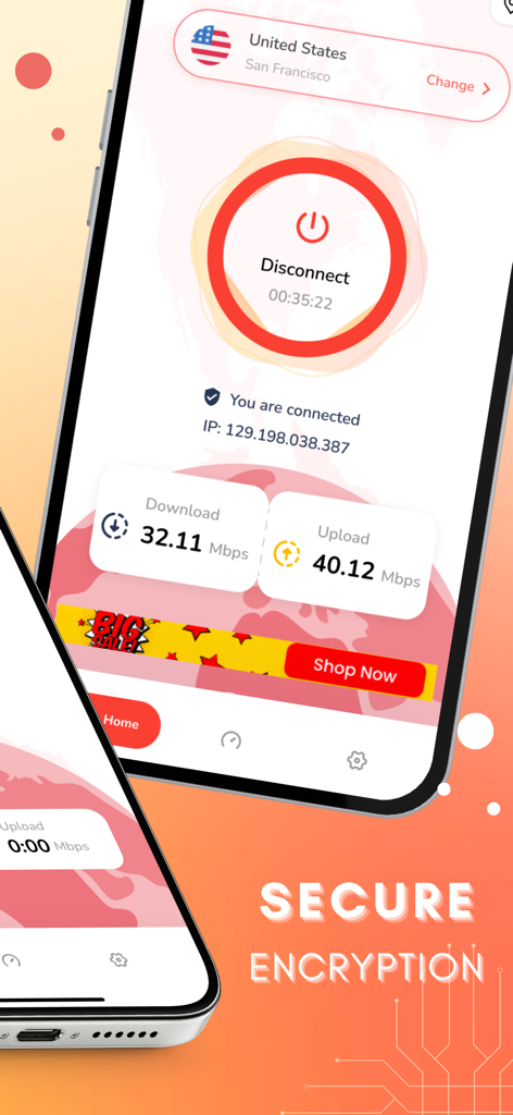 VPN Super-Fast Unlimited Proxy - VPN Super-Fast Unlimited Proxy app interface on iPhone showing a secure connection and live network speeds