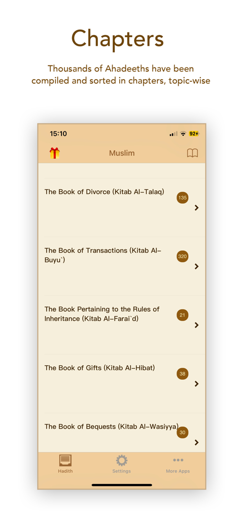 Al Muslim (Sahih Muslim) - Interface do aplicativo Al Muslim mostrando capítulos de Sahih Muslim ordenados por tópicos como Divórcio, Transações e Herança.